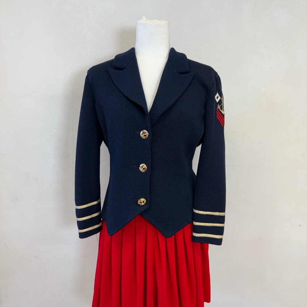 St. John Dark Blue Women's Jacket with Gold Accents vintage and red skirt